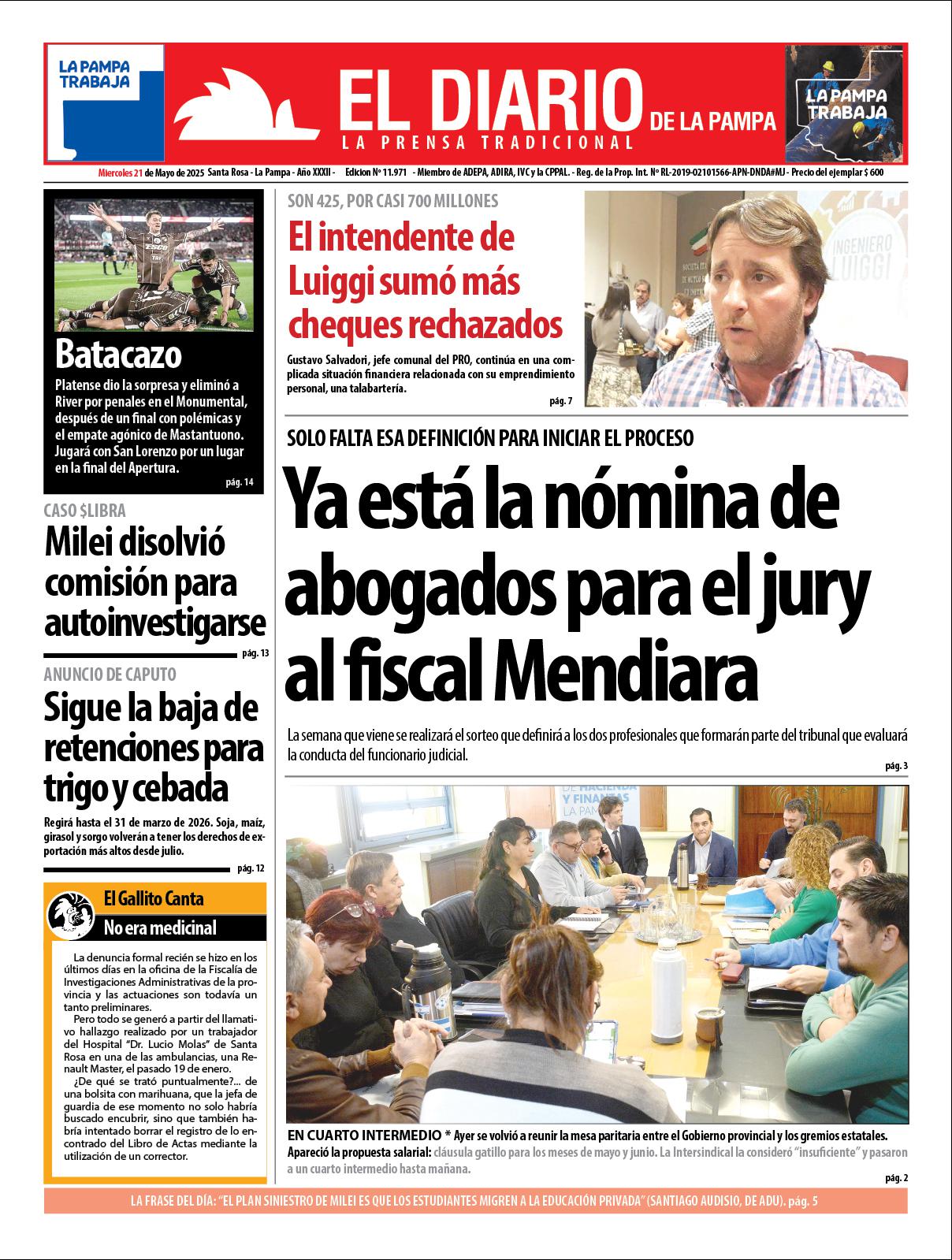 Tapa de El Diario en papel  mieacutercoles 21 de mayo de 2025